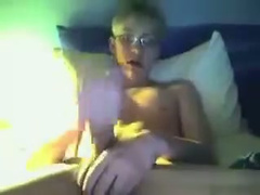Blonde kid in glasses masturbating to the camera