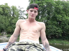 Twink is rowing oars to show off muscles to the camera