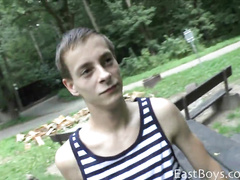 Skinny teen twink got seduced to show dick outdoors